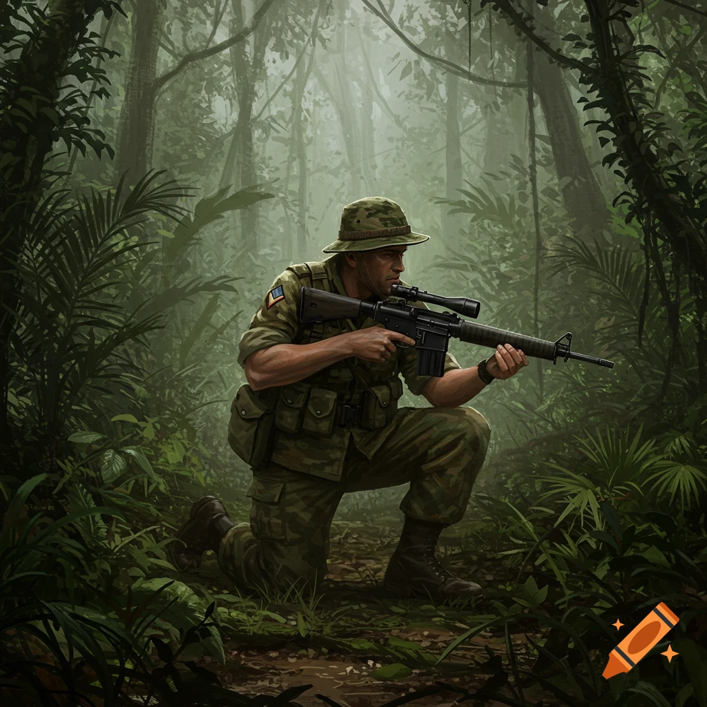 A soldier in camouflage uniform and boonie hat kneels in a dense jungle, holding a rifle with a scope, looking forward intently.