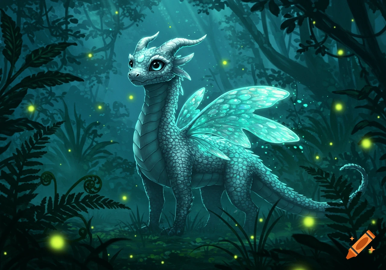 A cute teal dragon with glowing wings stands in a mystical, dark forest illuminated by fireflies and rays of light.