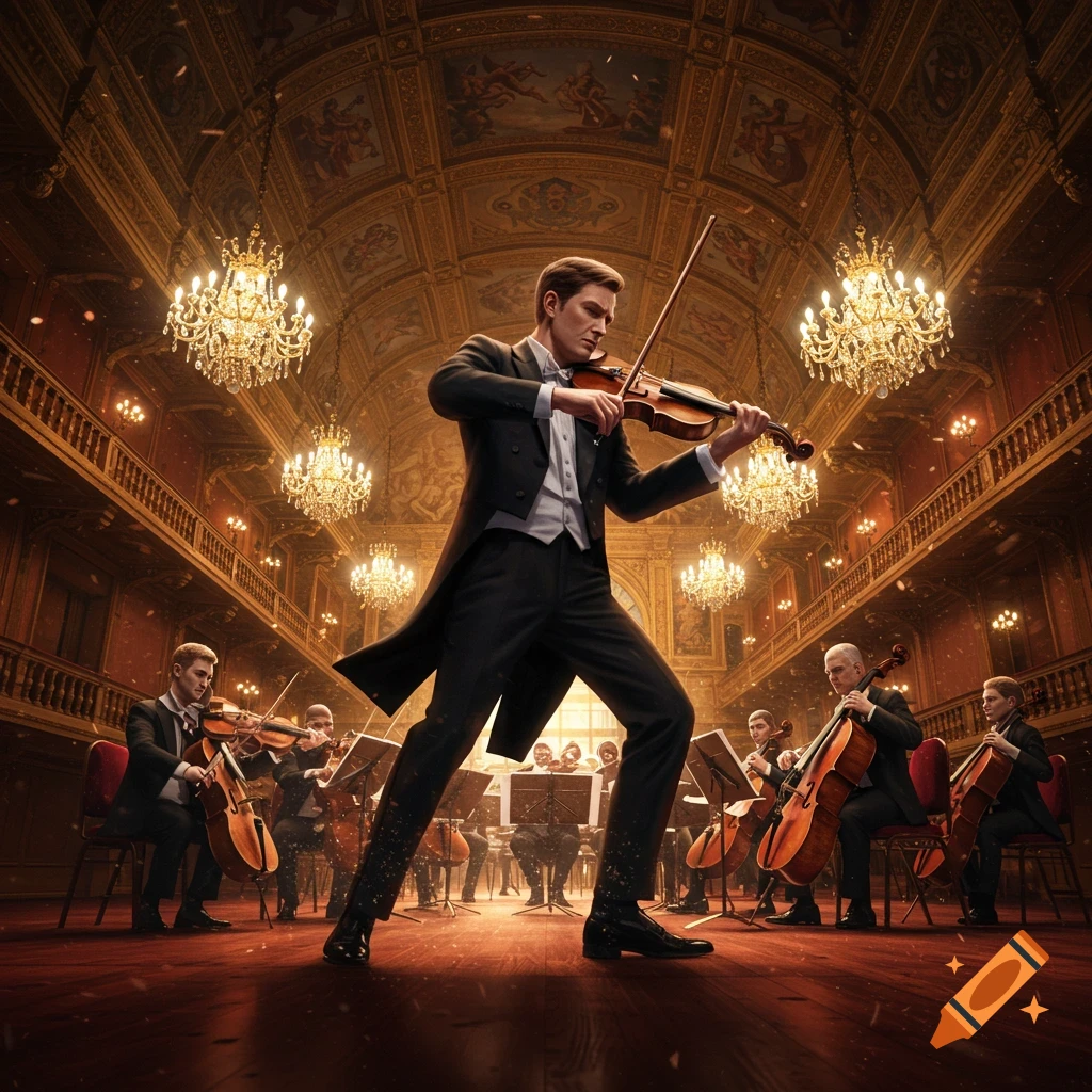 A male violinist plays in a dynamic pose, leading an orchestra in a grand, ornate concert hall illuminated by large chandeliers.