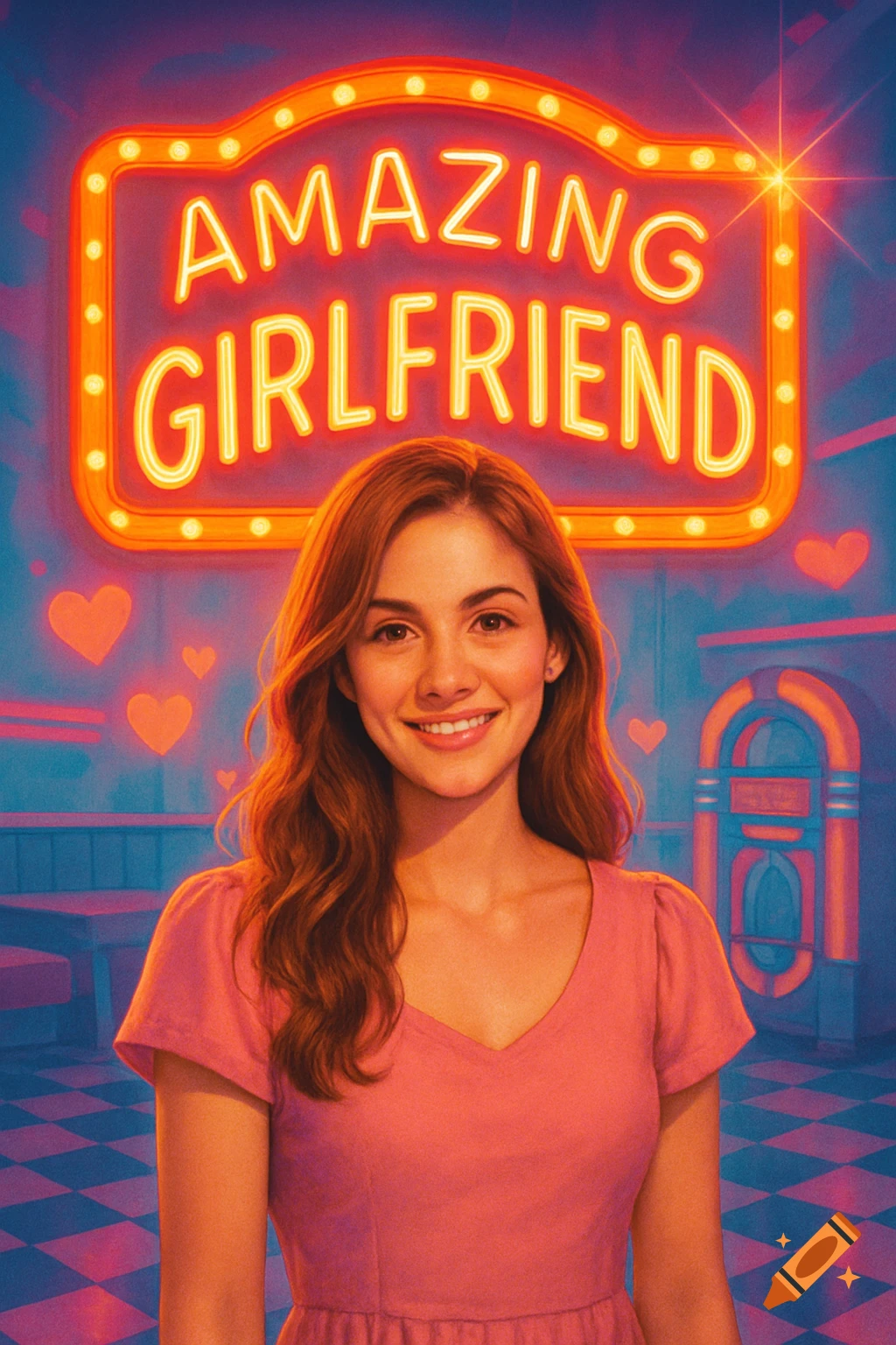 A smiling woman in a pink dress in a retro diner, with an 'AMAZING GIRLFRIEND' neon sign above her.