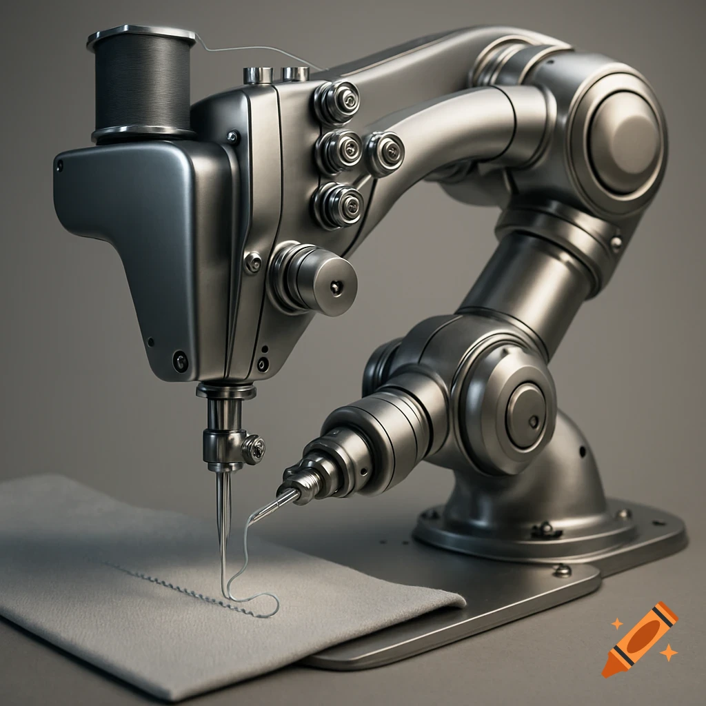 Photorealistic rendering of a silver robotic sewing machine with a needle going through fabric, forming a stitch.