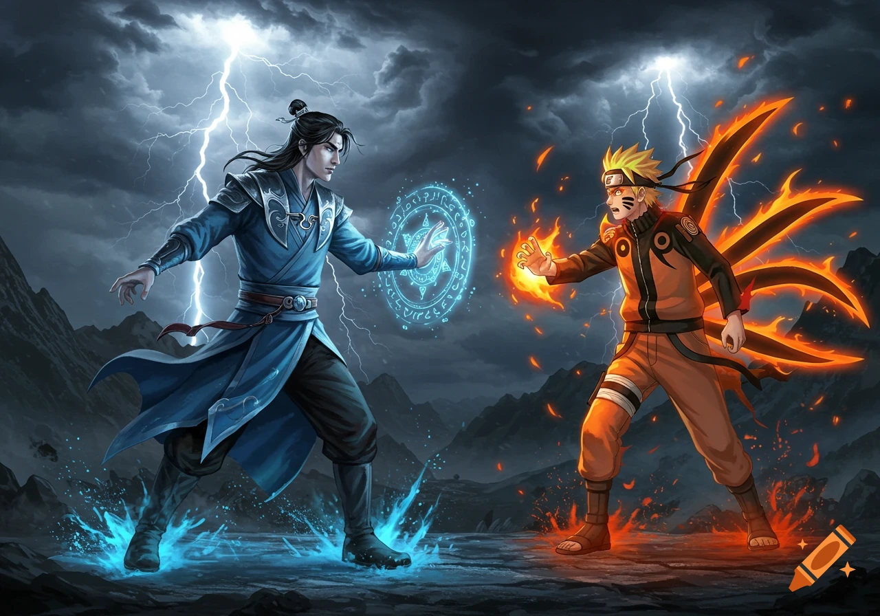 Anime-style illustration of two male characters, one in blue with water magic and one in orange with fire and tails, battling under a lightning storm.