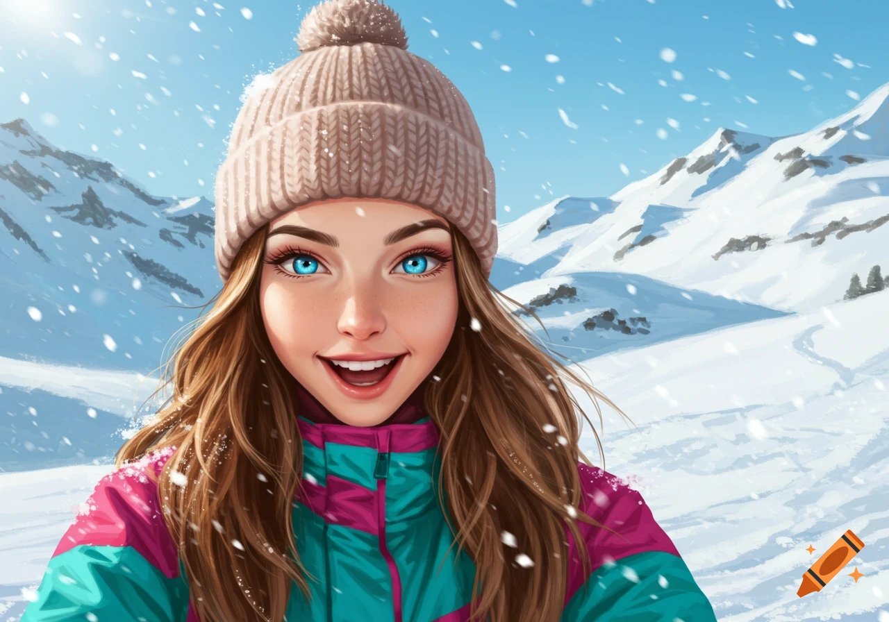 An illustrated close-up portrait of a smiling young woman with blue eyes, wearing a pink and teal ski jacket and a beige beanie, standing in a snowy mountain landscape.