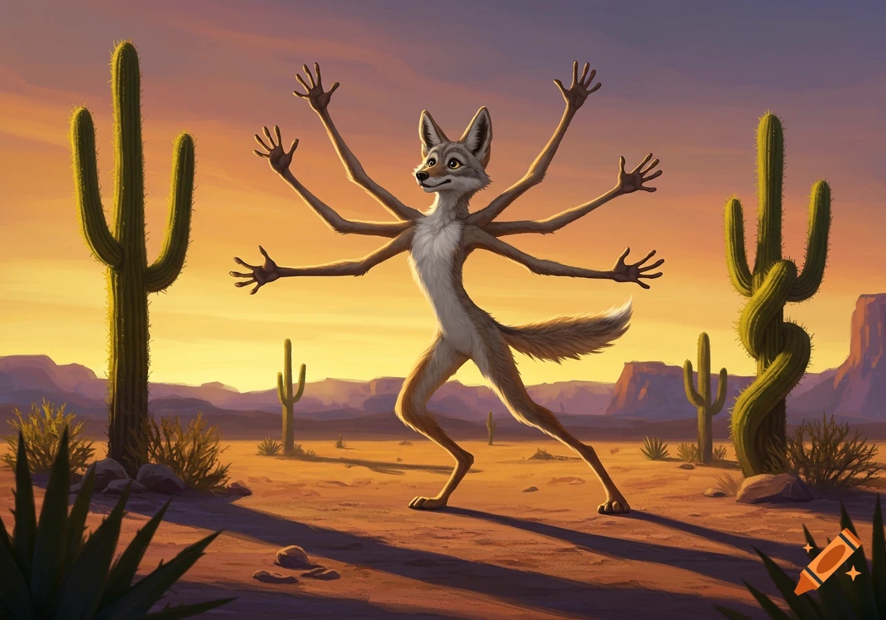 An anthropomorphic coyote with multiple outstretched arms stands in a desert at sunset, surrounded by saguaro cacti. Illustrated.
