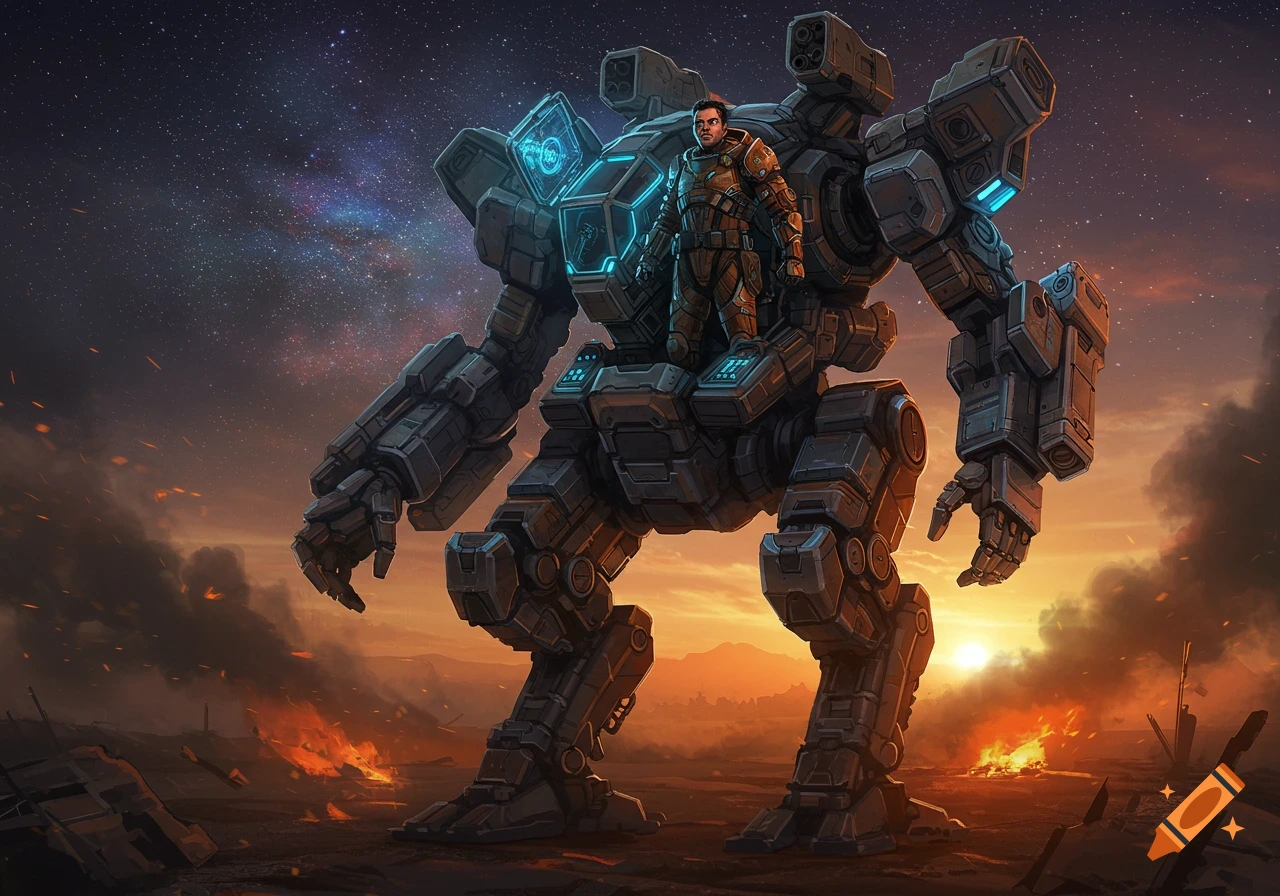 A man in a pilot suit stands atop a massive combat mech on a fiery, desolate planet under a starry night sky.