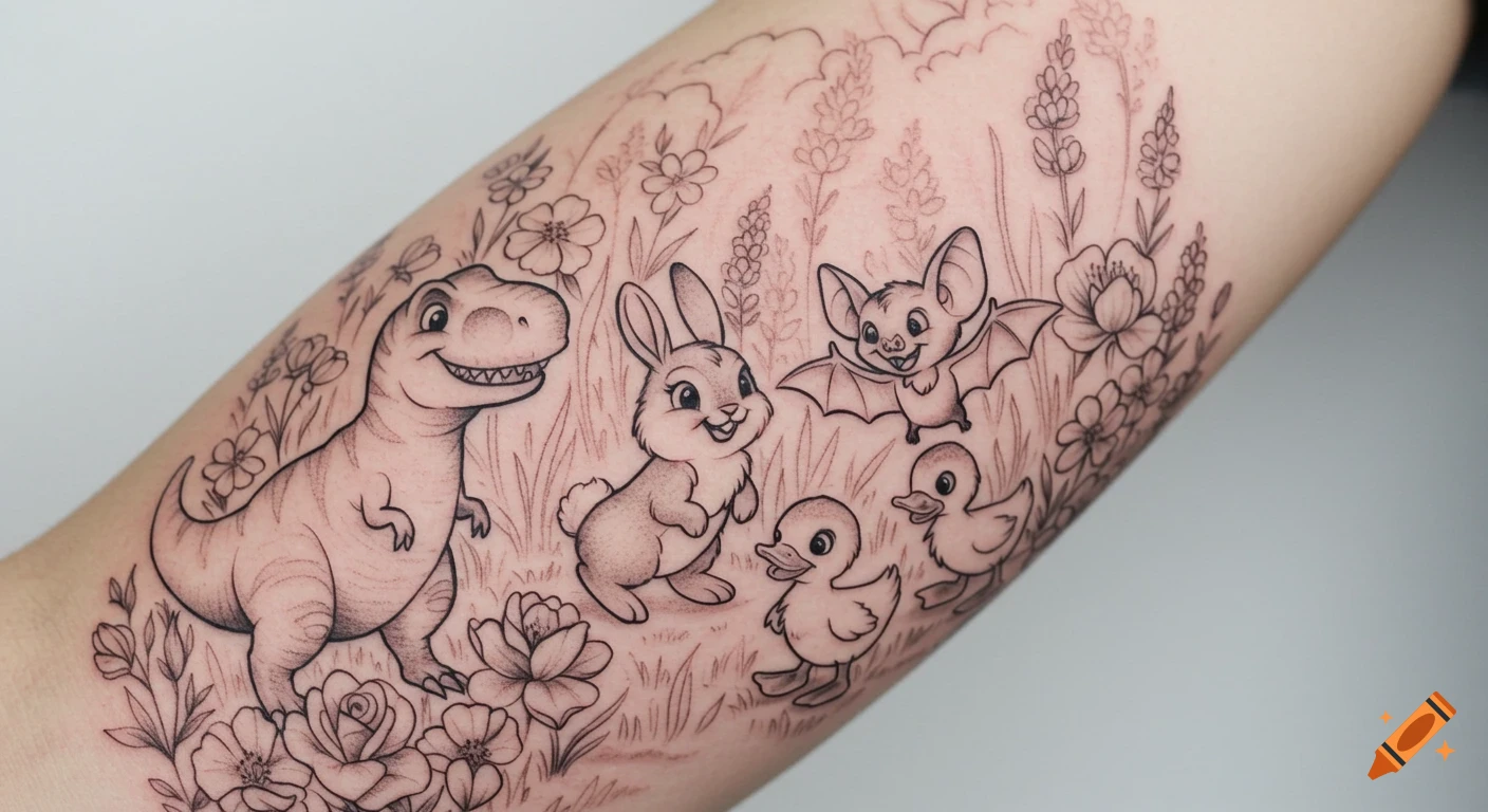 Black and grey cartoon tattoo on an arm featuring a T-Rex, bunny, bat, and two ducklings in a whimsical garden with flowers.