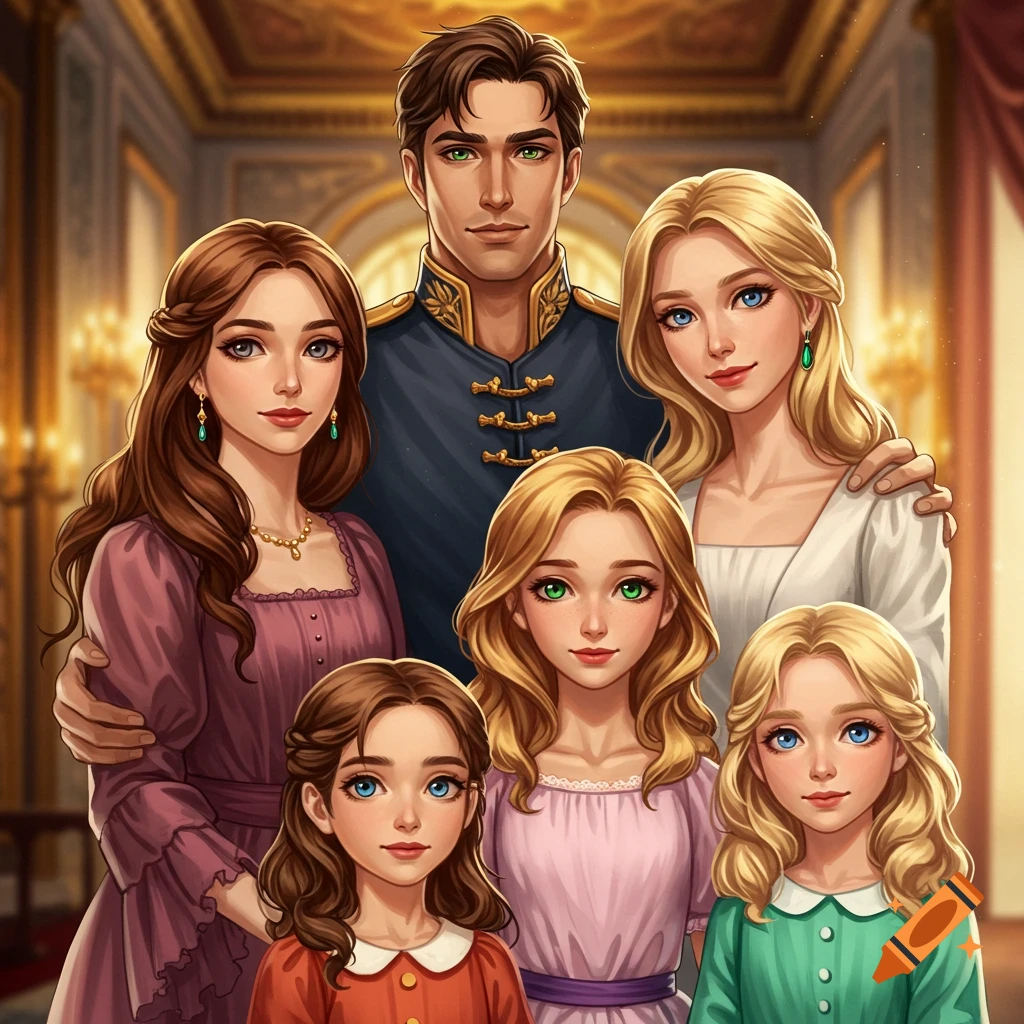 A regal family, consisting of a man, a woman, and their three daughters, poses for a portrait in a grand palace hall in an illustrated style.