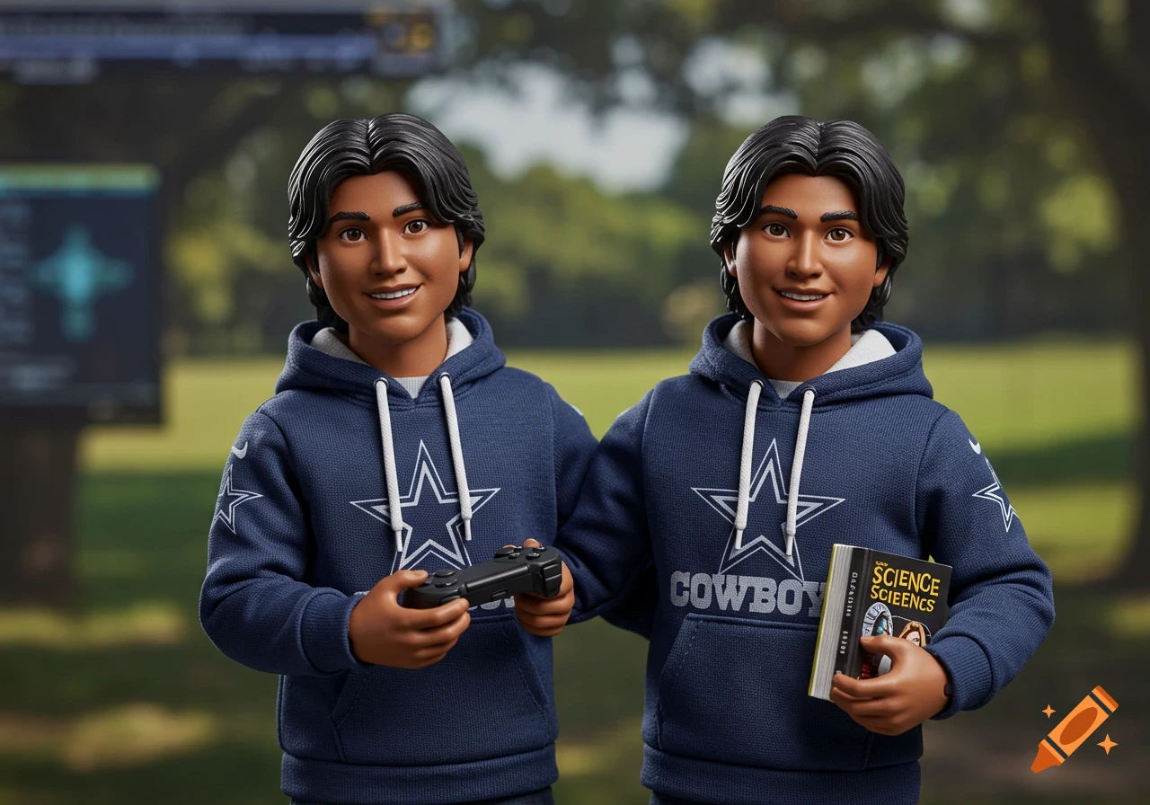 Two smiling Hispanic twin action figures. One holds a game controller, the other a science book. Both wear navy Dallas Cowboys hoodies outdoors.