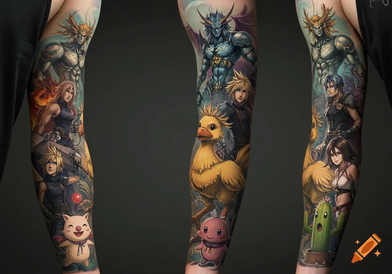 A vibrant, detailed full-arm tattoo featuring numerous iconic Final Fantasy characters, creatures, and summons.