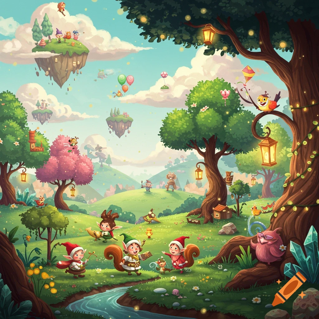 A vibrant cartoon landscape features cheerful elf-like creatures playing in a magical forest with floating islands and a winding stream.