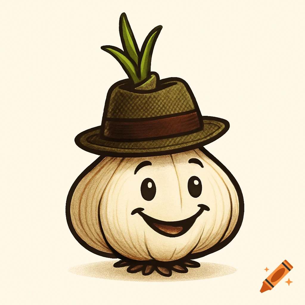 A cartoon garlic bulb wearing a green fedora hat with a stem sprouting from the top, smiling.