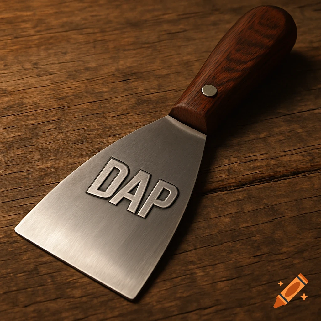 Photorealistic close-up of a putty knife with a wooden handle and a metal blade embossed with the letters 'DAP', resting on a rustic wooden surface.