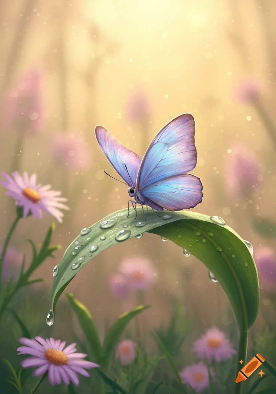 A beautiful blue and purple butterfly resting on a dew-covered green leaf in a softly lit field of purple flowers.