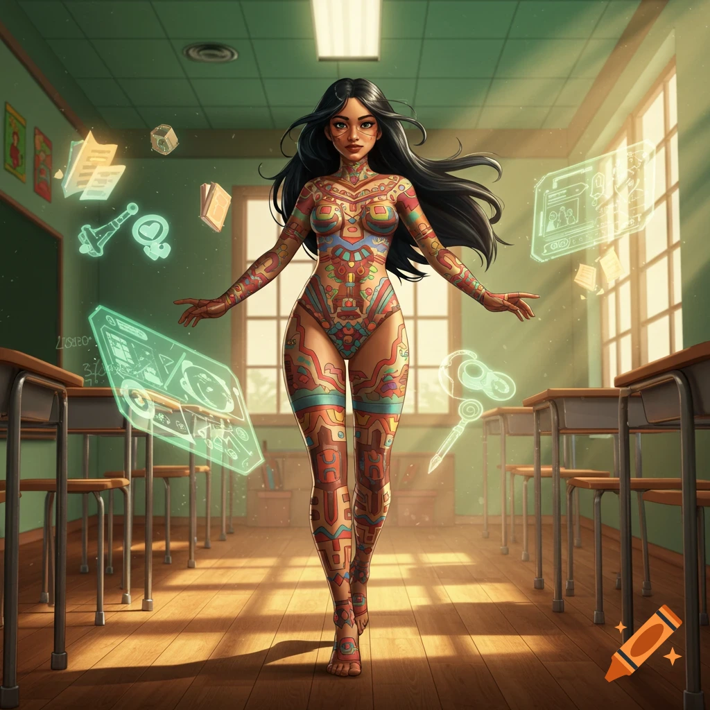 A woman with dark hair in a colorful, patterned bodysuit stands in a classroom with glowing holographic elements.