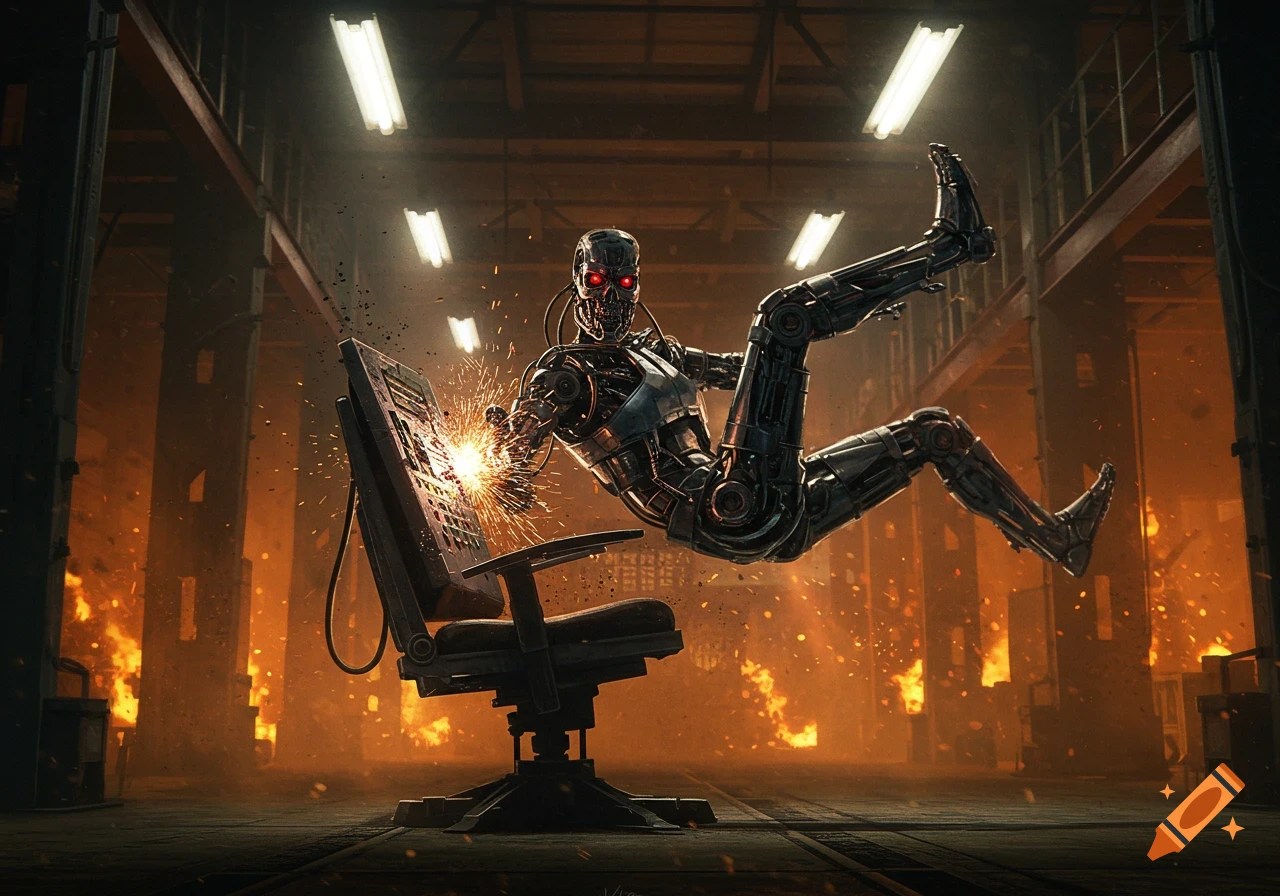 A photorealistic Terminator robot falls backward from a chair, sparks flying from its hand, in a fiery industrial factory.
