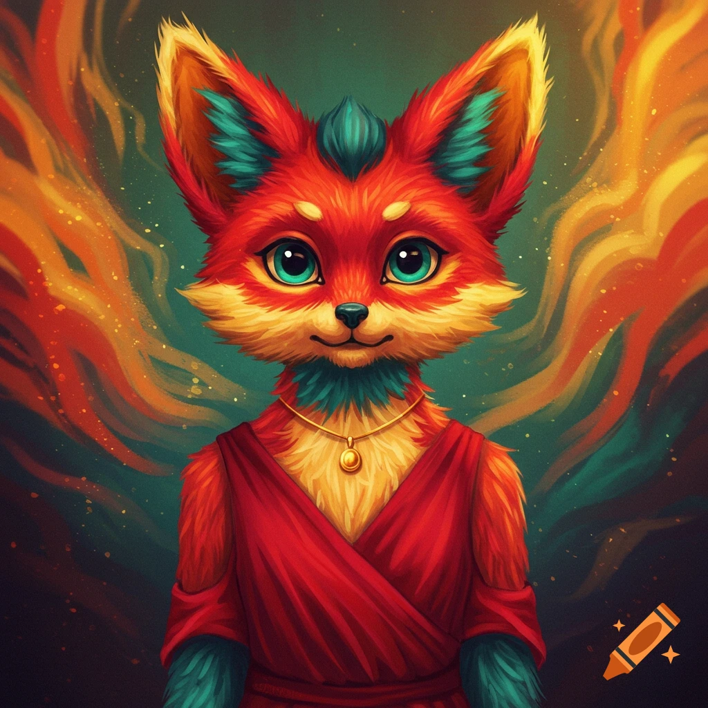 Vibrant illustration of a cute fox-like fursona with red and yellow fur, green eyes, wearing a red dress and gold necklace.
