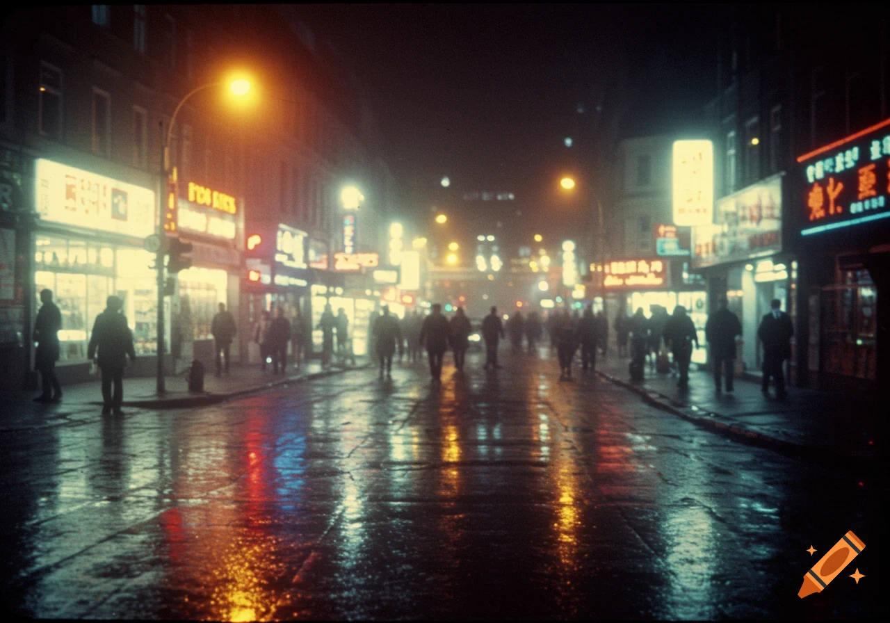 A blurry, low-angle shot of a wet city street at night, with people walking and brightly lit signs reflected in the puddles.