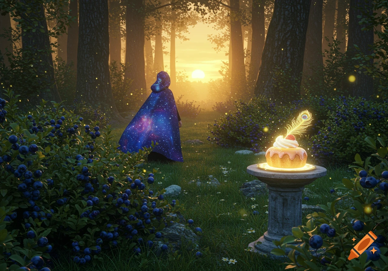 A figure in a galaxy cloak stands in a sunlit enchanted forest, facing a glowing pastry on a stone pedestal.
