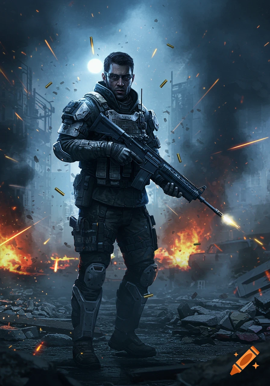 A soldier in tactical gear stands in a war-torn city, holding a rifle with muzzle flash amidst explosions and debris.