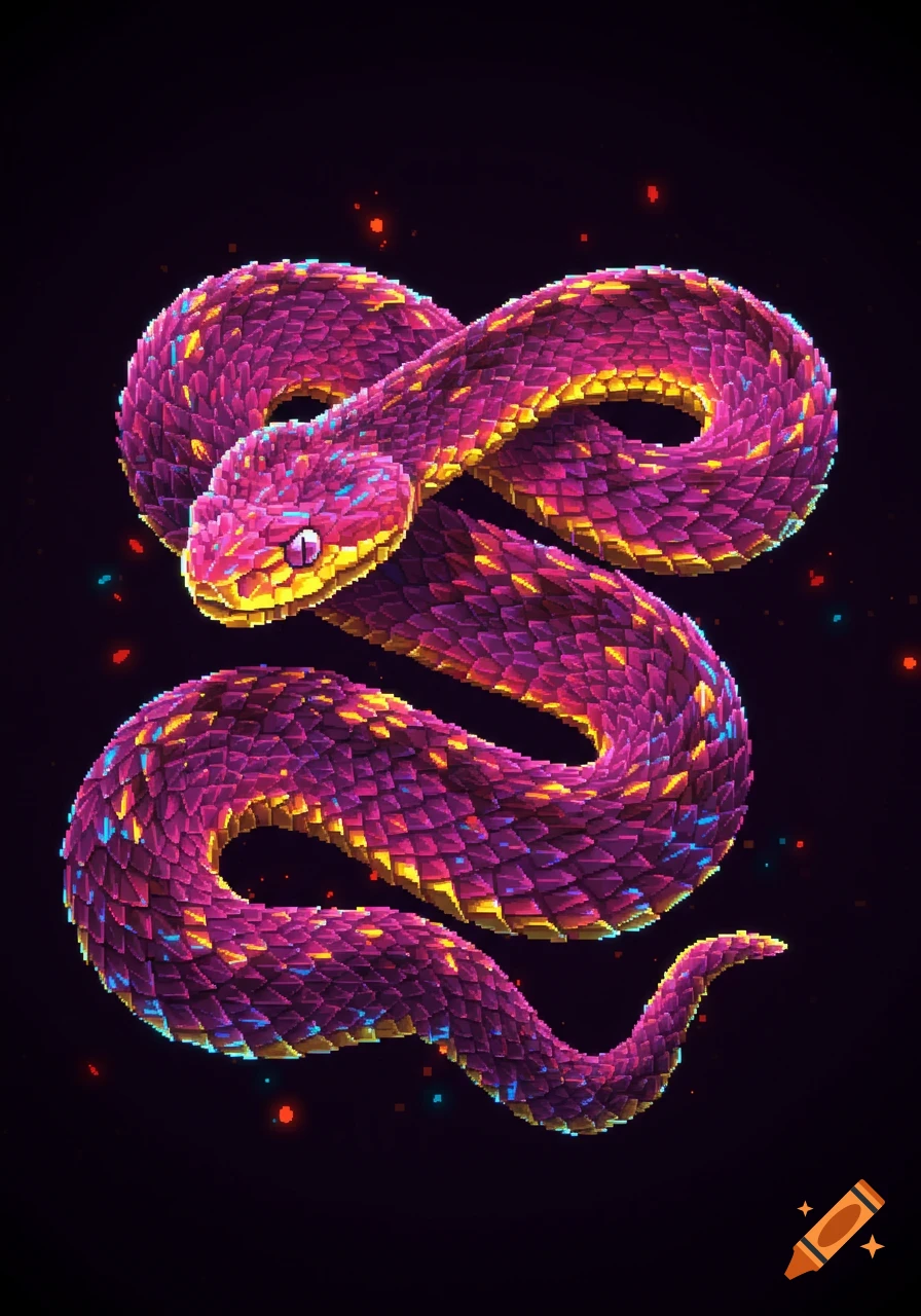 A pixelated viper coiled, featuring scales in hot pink, neon yellow, and bright blue against a dark background.