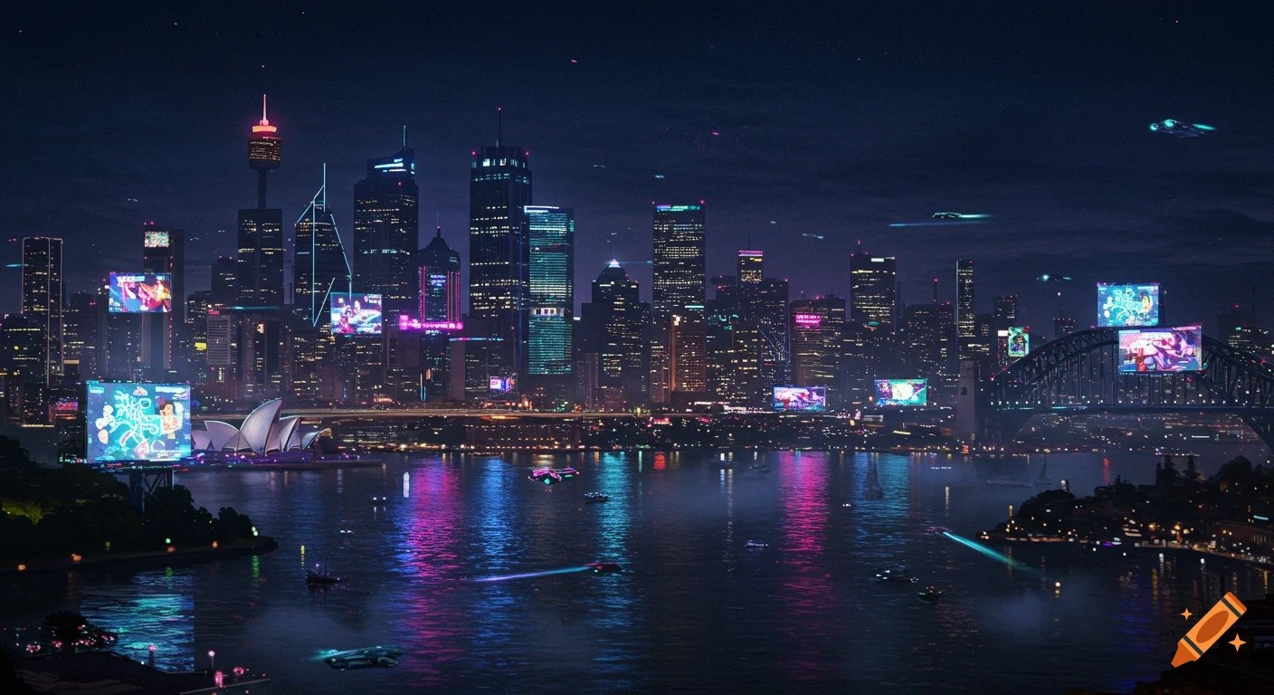 Cyberpunk Sydney cityscape at night with neon lights, flying vehicles, and digital billboards reflecting on the water.