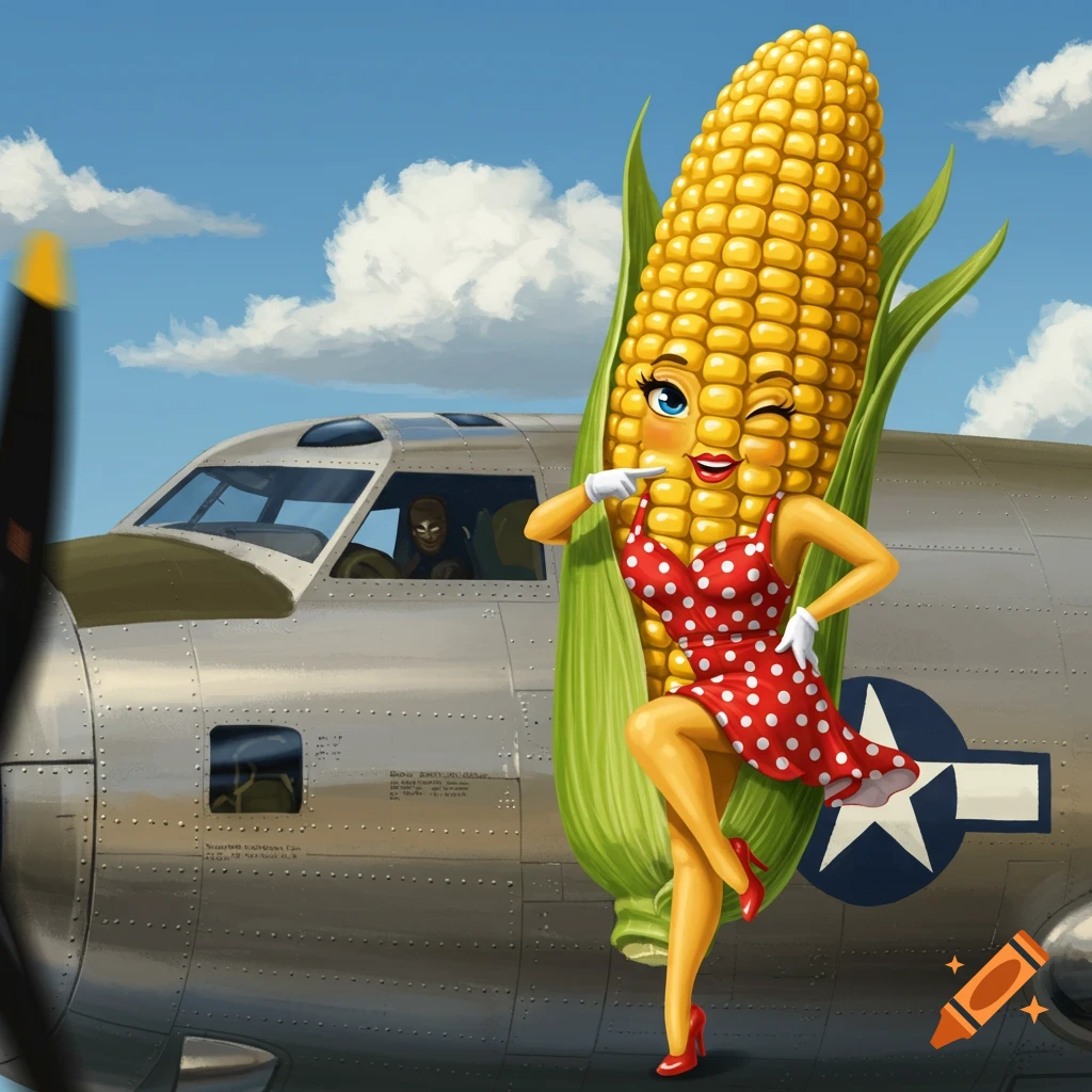 Cartoon pin-up corn cob winks next to a World War 2 plane against a blue sky.