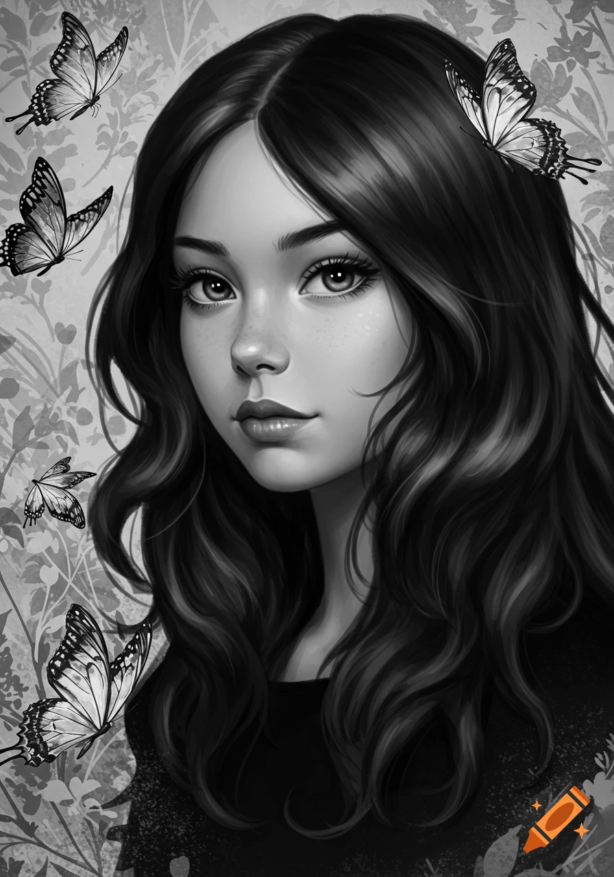A black and white portrait illustration of a young woman with long dark wavy hair, looking forward, surrounded by butterflies.