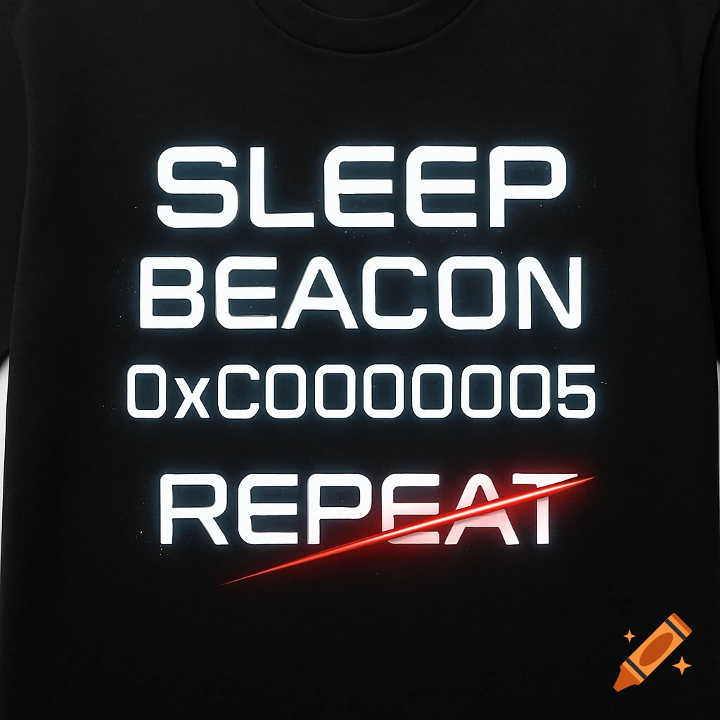 A black t-shirt with white glowing text saying 'SLEEP BEACON 0xC0000005 REPEAT', with a red strike through 'REPEAT'.