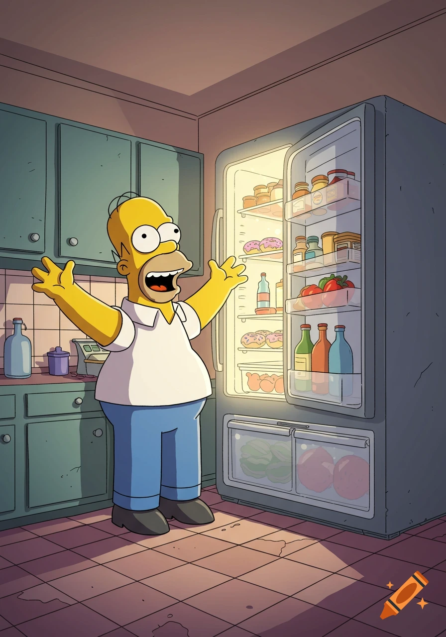 Homer Simpson stands in a kitchen with arms outstretched, looking excitedly into an open, brightly lit French door refrigerator.