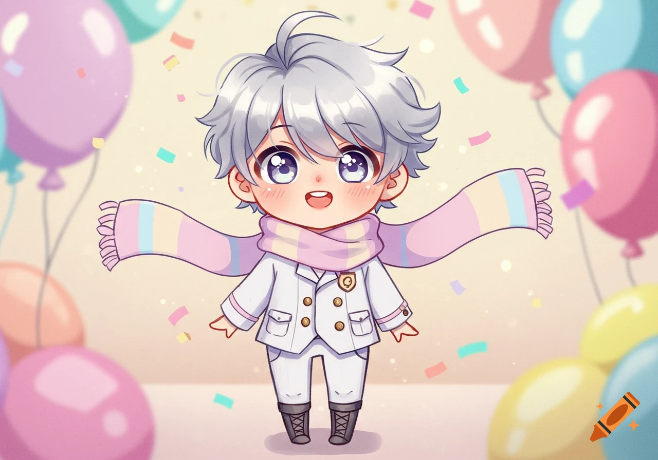 A chibi boy with silver hair and big purple eyes smiles, wearing a white uniform and a pink and blue striped scarf, surrounded by colorful balloons and confetti.