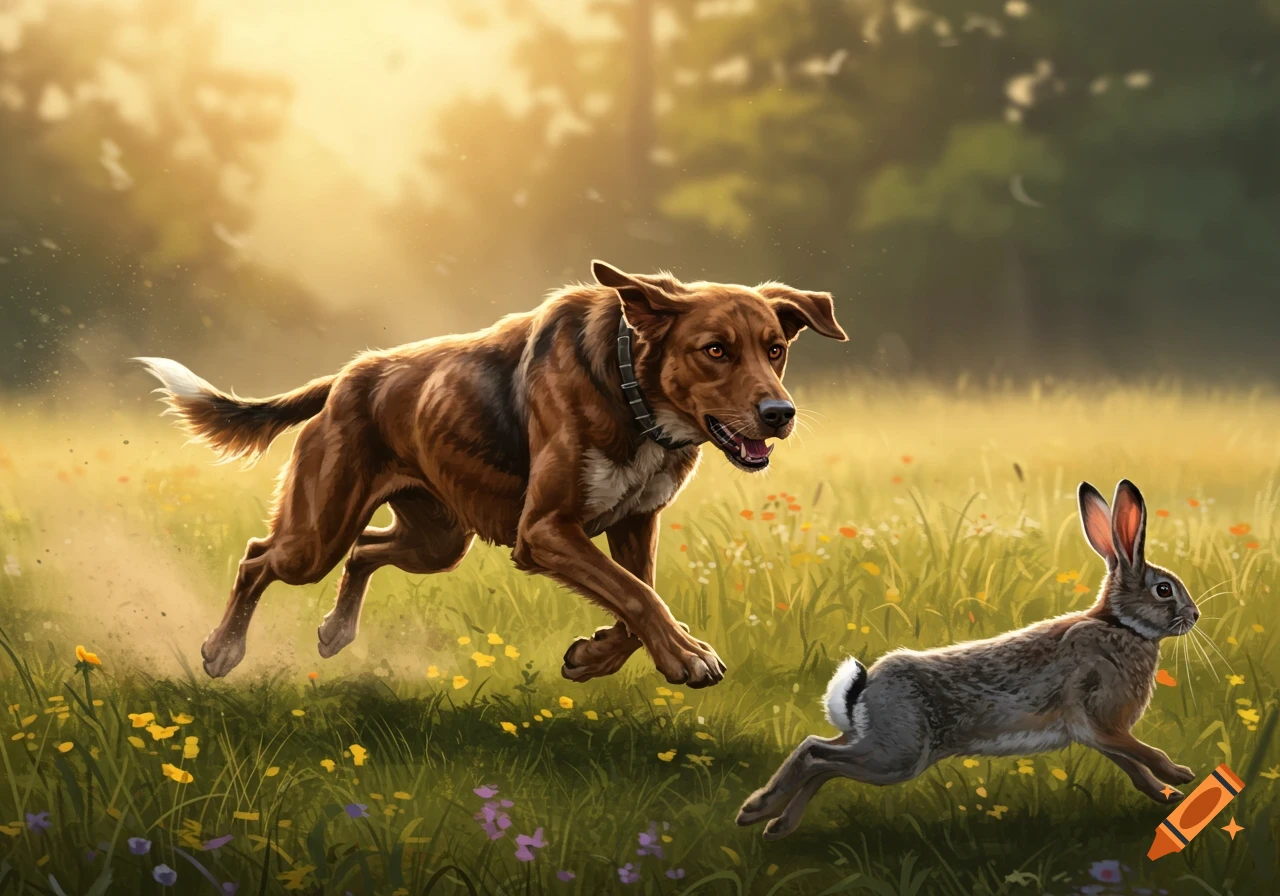 A brown dog chases a rabbit through a sunlit, grassy field with wildflowers in a realistic painting style.