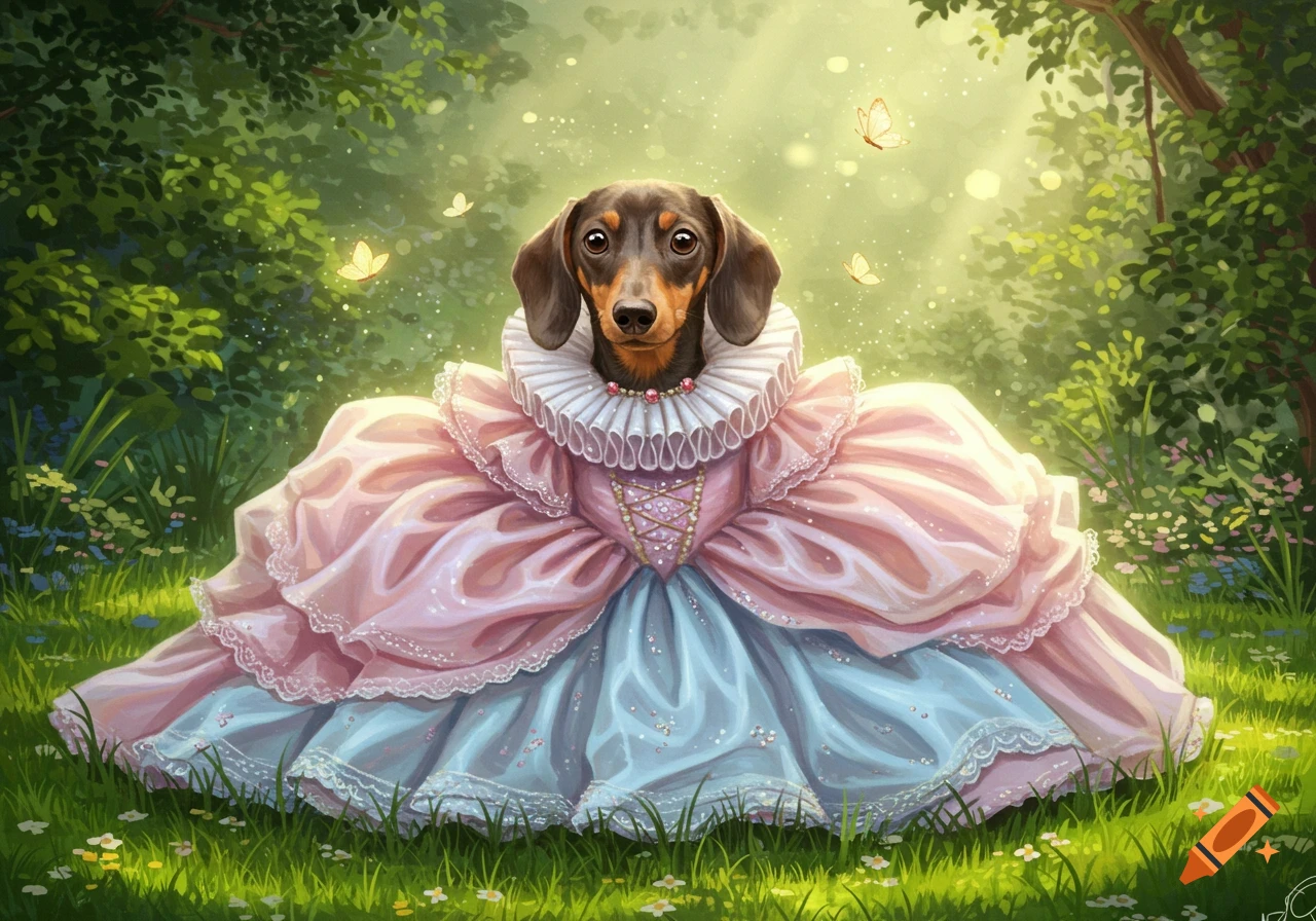 A painting of a dachshund dog in a pink and blue ballgown with a white ruffled collar, sitting in a lush green forest with butterflies.