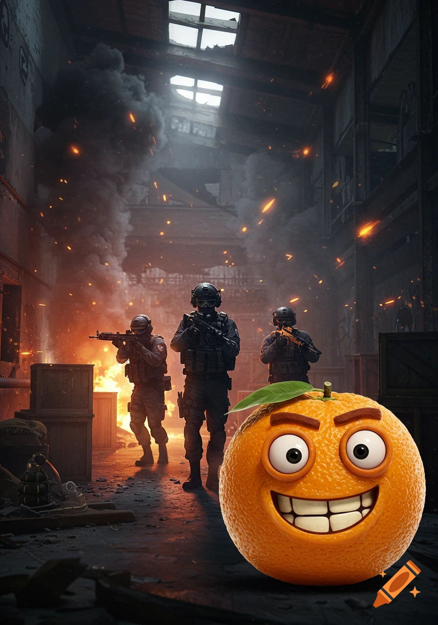 A cartoon orange with a smiling face in the foreground of a smoky, fiery combat zone with three armed soldiers.