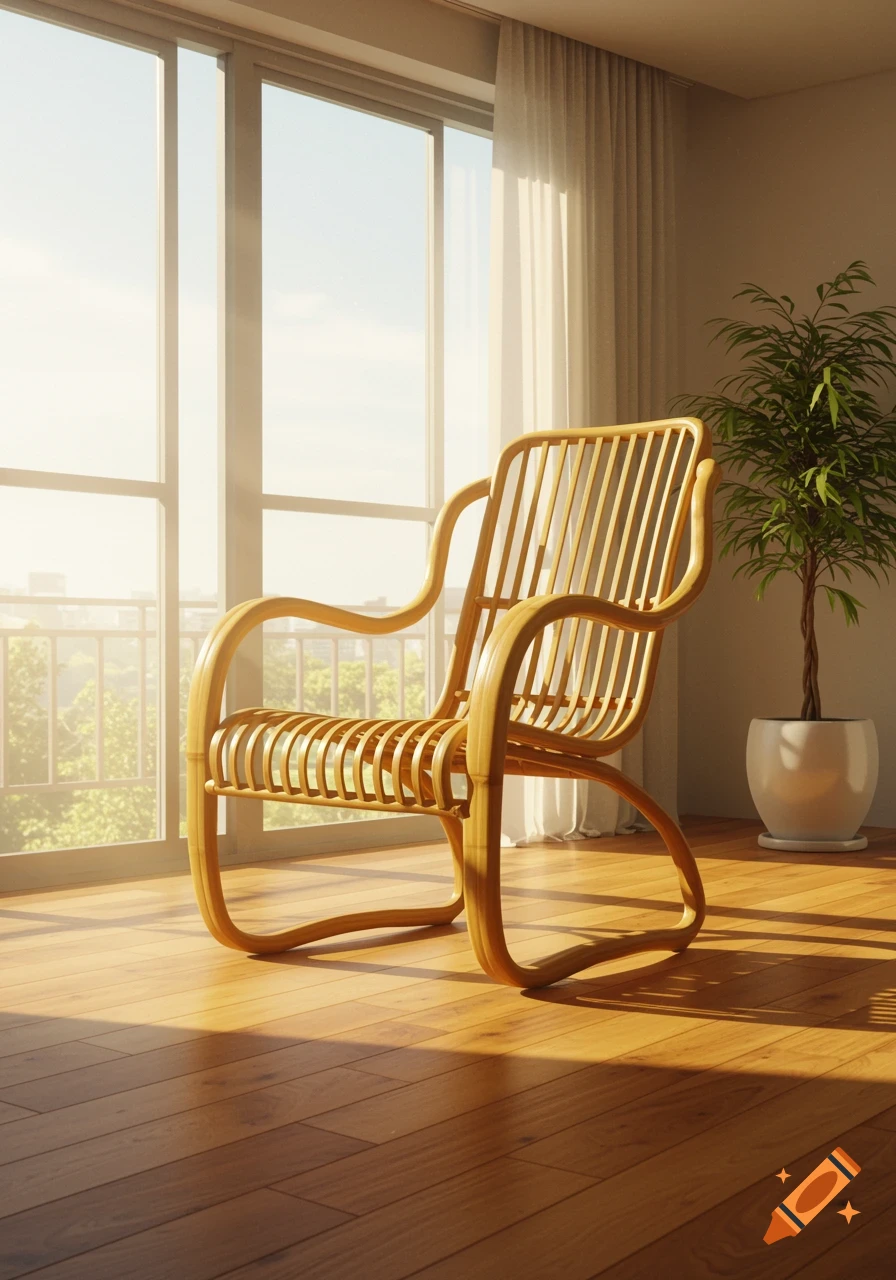 A sunlit room with a bamboo chair, large window overlooking trees, and a potted plant.