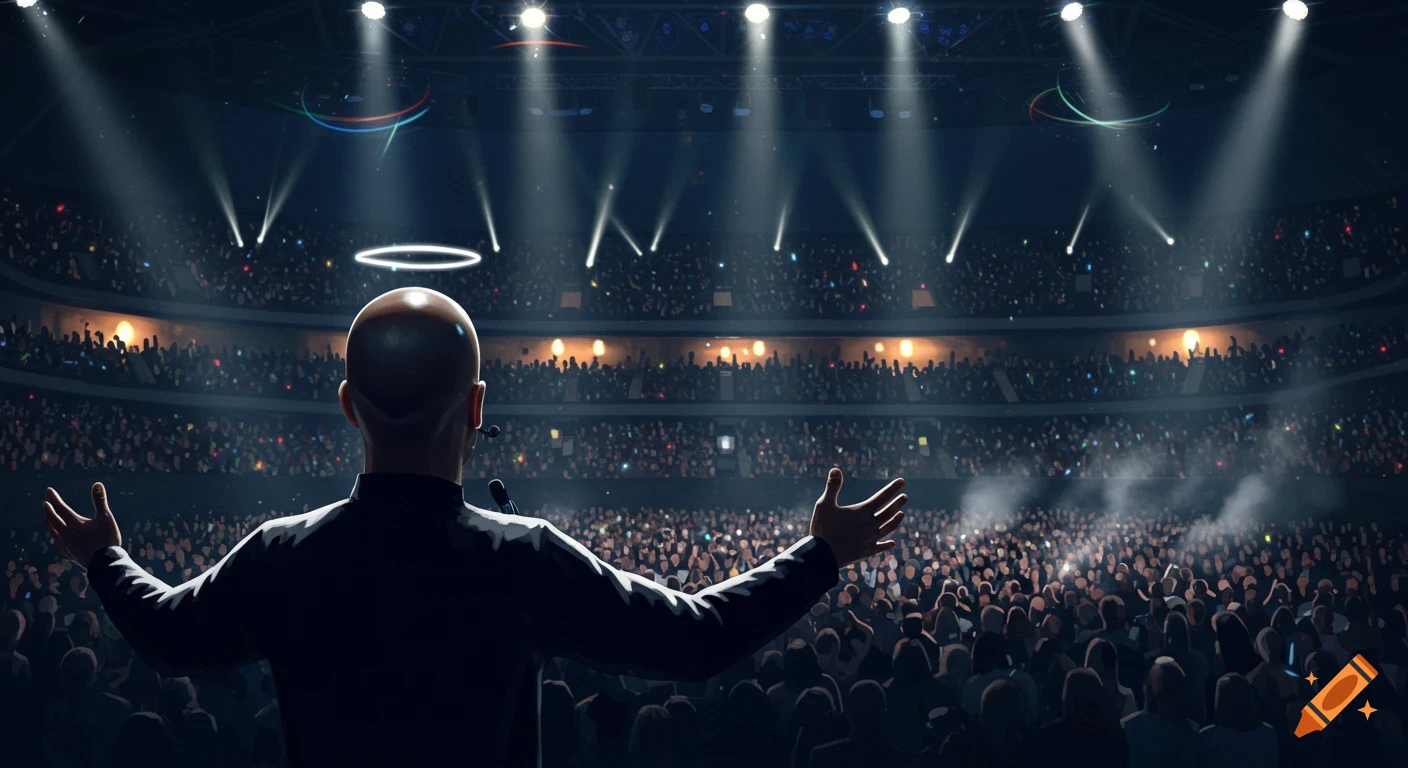 A bald man on stage addresses a sold-out arena under bright spotlights, seen from behind.