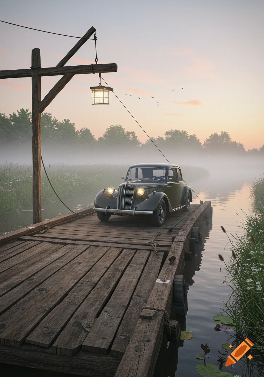 Photorealistic image of a vintage dark green car with glowing headlights on a wooden barge on a misty river at dawn.