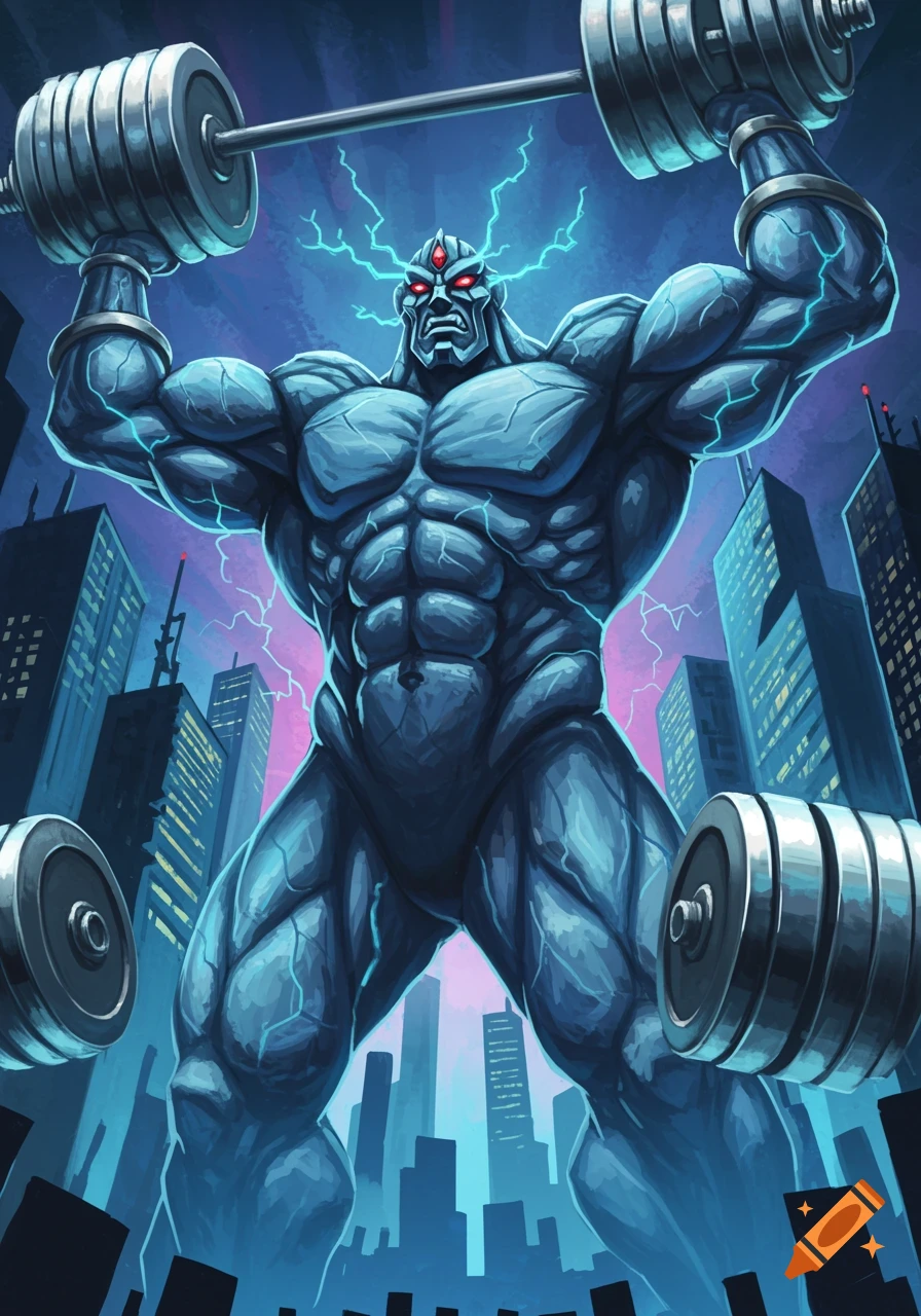 Giant muscular blue monster with red eyes and glowing lightning lifting a barbell over a city, in a comic book art style.