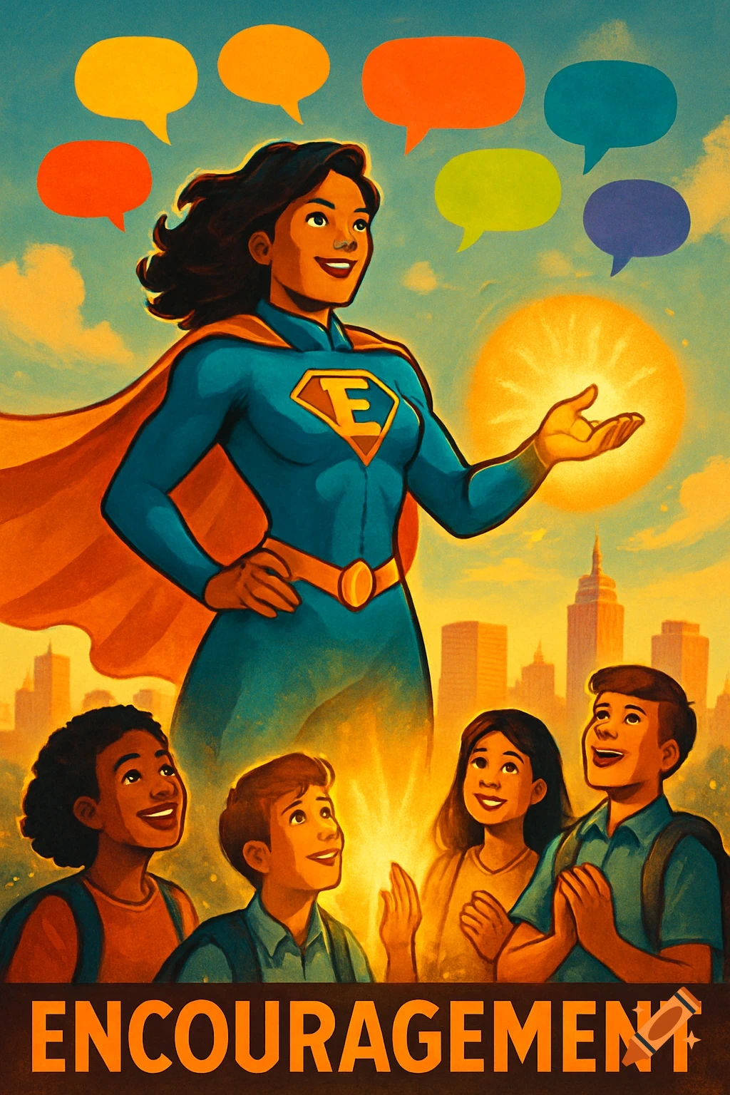 A superhero woman with an 'E' on her chest stands over three diverse children looking up at her, with speech bubbles and 'ENCOURAGEMENT'.