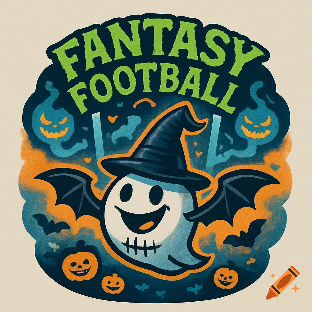 A Halloween-themed fantasy football logo featuring a ghost with bat wings and a witch hat, surrounded by jack-o'-lanterns and bats, with 'FANTASY FOOTBALL' text.