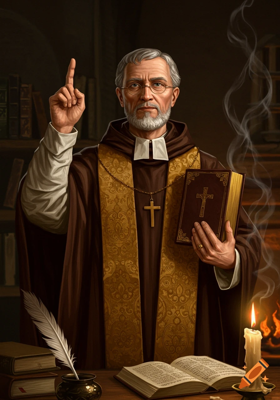 A wise, bearded cleric in 14th-century robes holds a Bible, pointing to the sky, surrounded by books and a lit candle in a dark room.