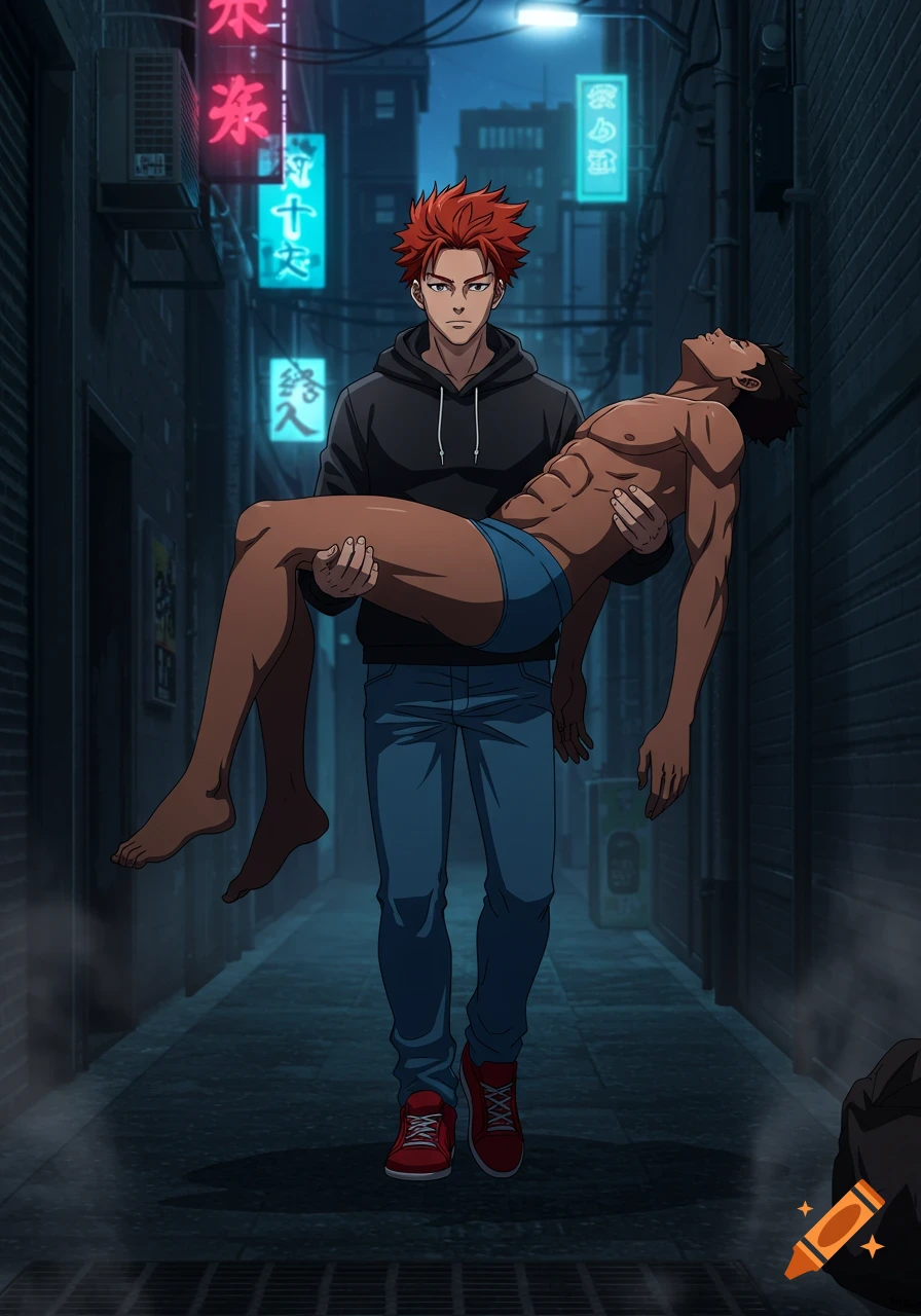 A ginger-haired anime man carries an unconscious muscular man in blue briefs through a dark urban alley at night with neon signs.