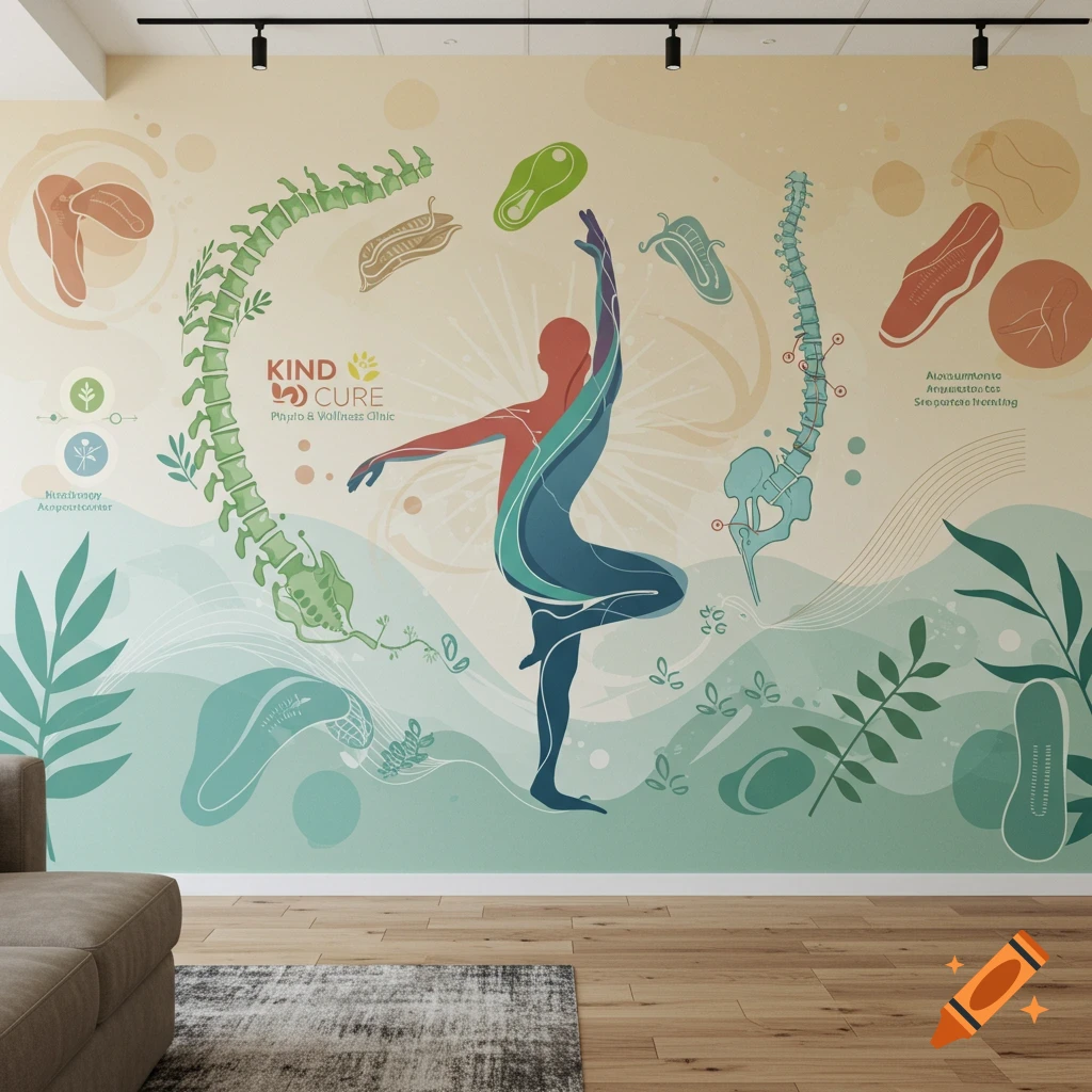 A colorful wall mural in a clinic waiting room features a stylized figure in a yoga pose, a spine, internal organs, and plants on a light background. Text reads "KIND CURE Physio & Wellness Clinic."