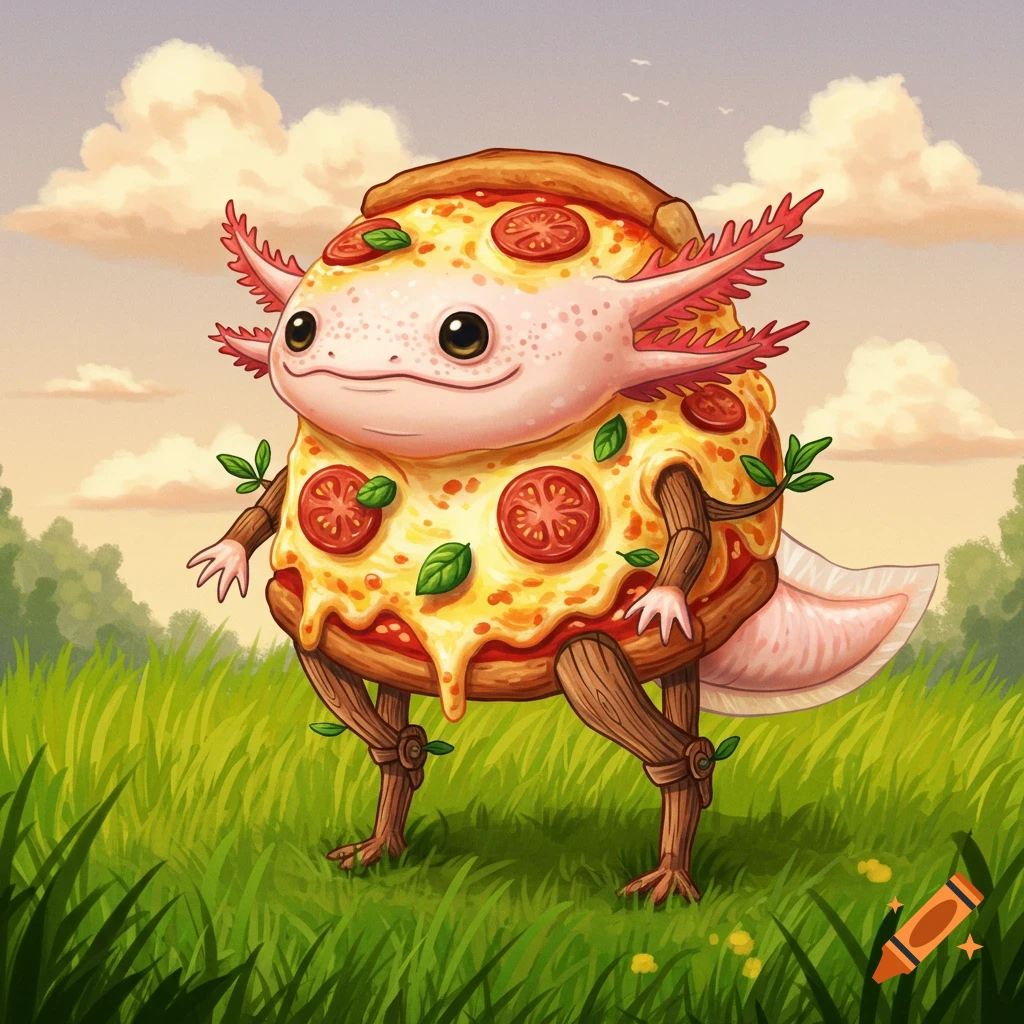 A whimsical cartoon creature with an axolotl head, a pizza body, and wooden legs stands in a grassy field.