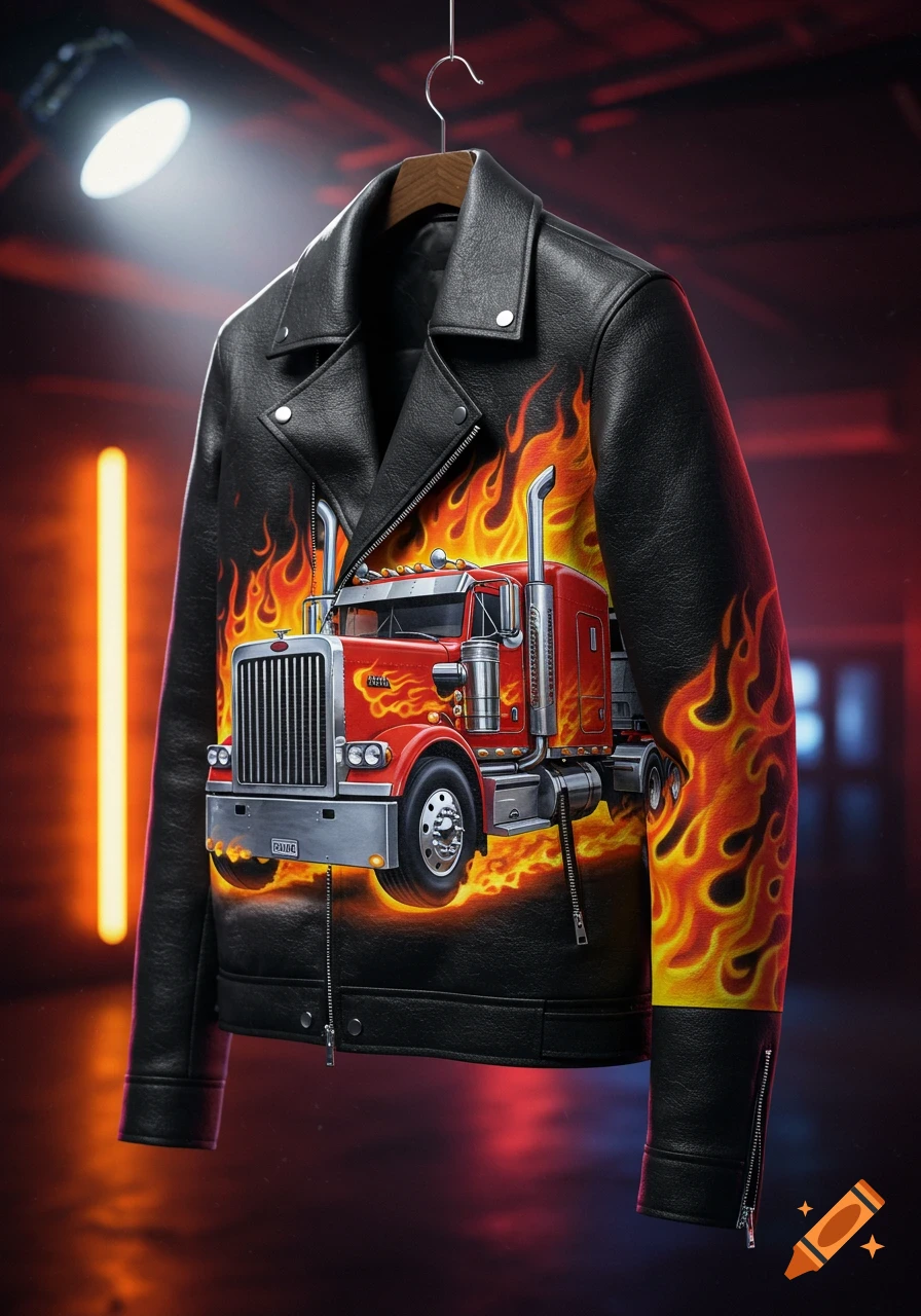 A black leather jacket hanging on a hanger, featuring a fiery red semi-truck design with flames on the front and sleeves.