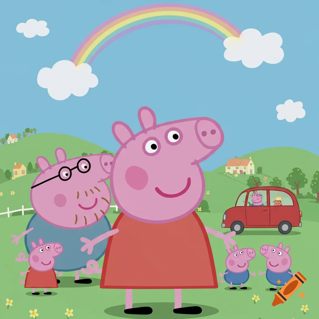 A cartoon family of pigs, including Peppa, George, Mummy, and Daddy Pig, stand in a green field under a rainbow. A red car with two pigs drives by.