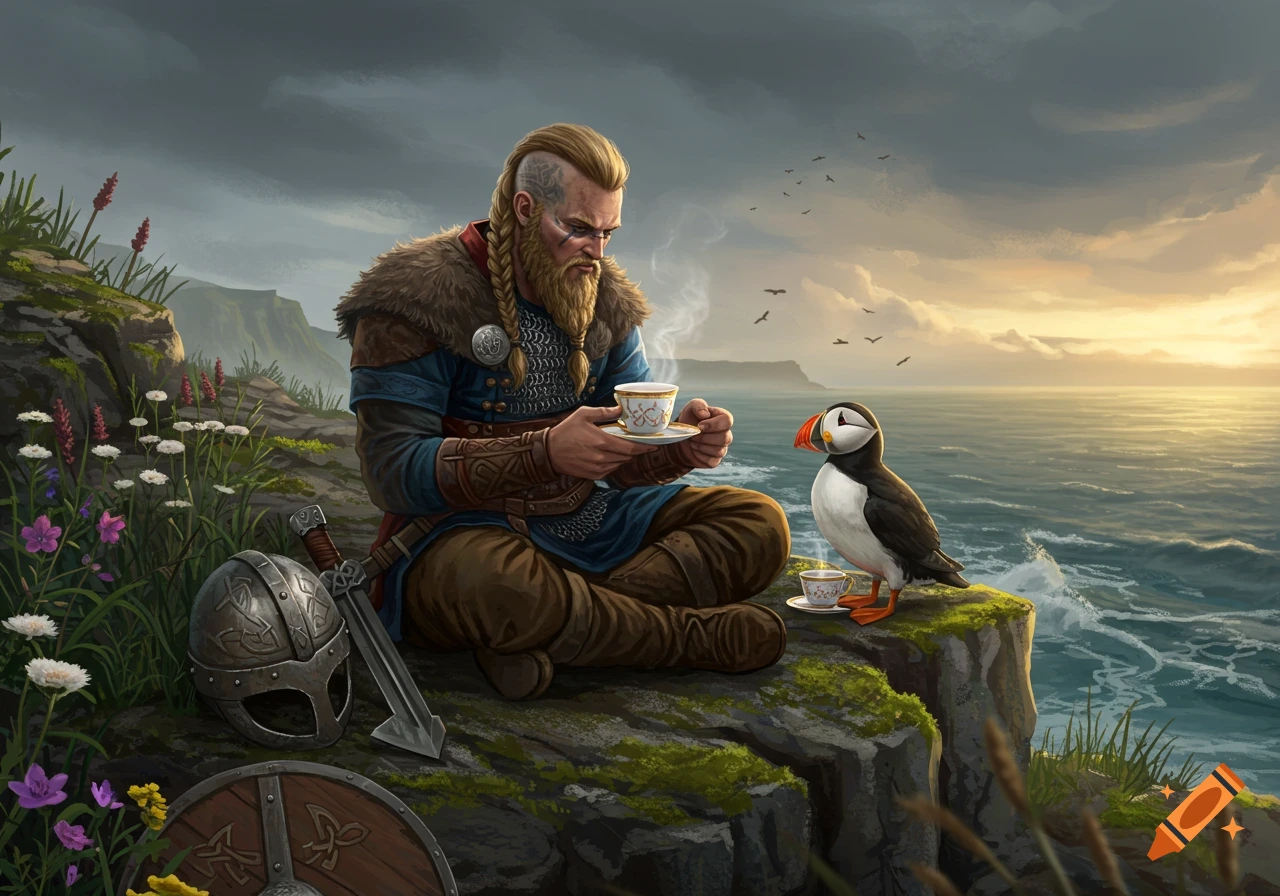 A Viking man sips tea with a puffin on a cliff overlooking the ocean at sunset, with a helmet and shield nearby. Digital painting.