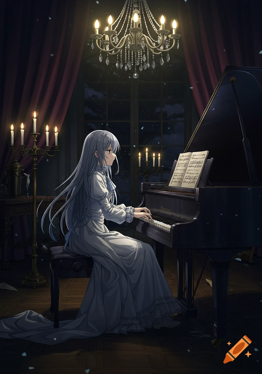 Anime girl with long white hair playing a grand piano in a dimly lit room with candles and a chandelier, anime art style.