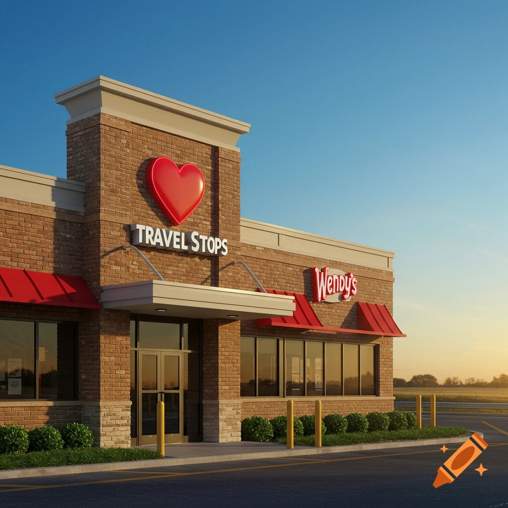 Photorealistic image of a brick 'Travel Stops' building with a large red heart logo and a 'Wendy's' restaurant sign under a clear blue sky.