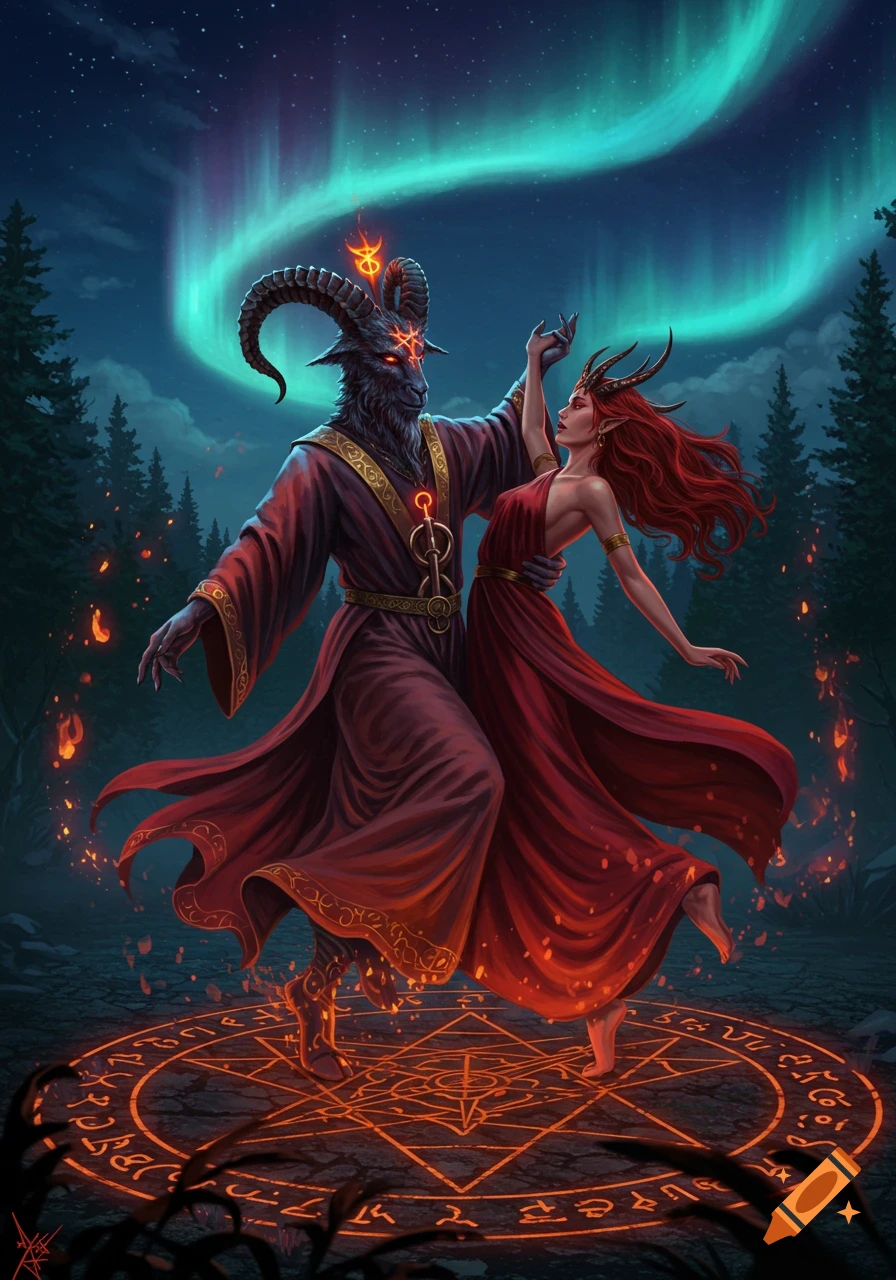 Baphomet and Lilith dance on a glowing magical circle under a vibrant aurora in a dark forest.
