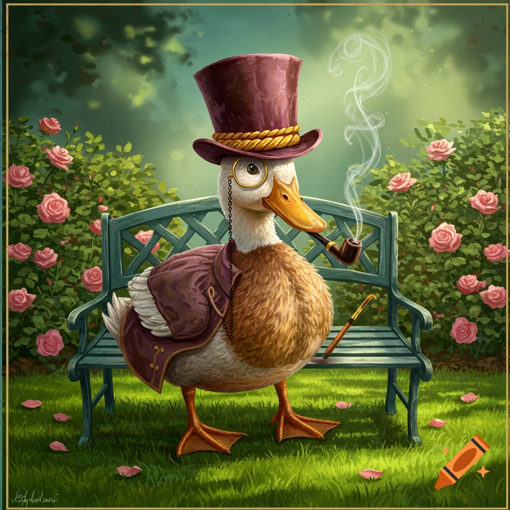 A whimsical duck in a purple top hat, monocle, and matching coat, smoking a pipe while sitting on a teal bench in a rose garden.
